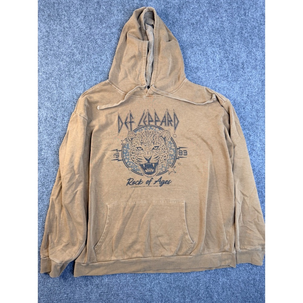 Def‎ Leppard Hoodie L Tan Rock of Ages Graphic Band Sweatshirt The Vinyl Icons L
